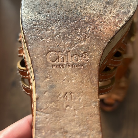 Chloe Tan Leather Double C Buckle T Strap Cork Wedge Platform Sandals - Picture 11 of 14